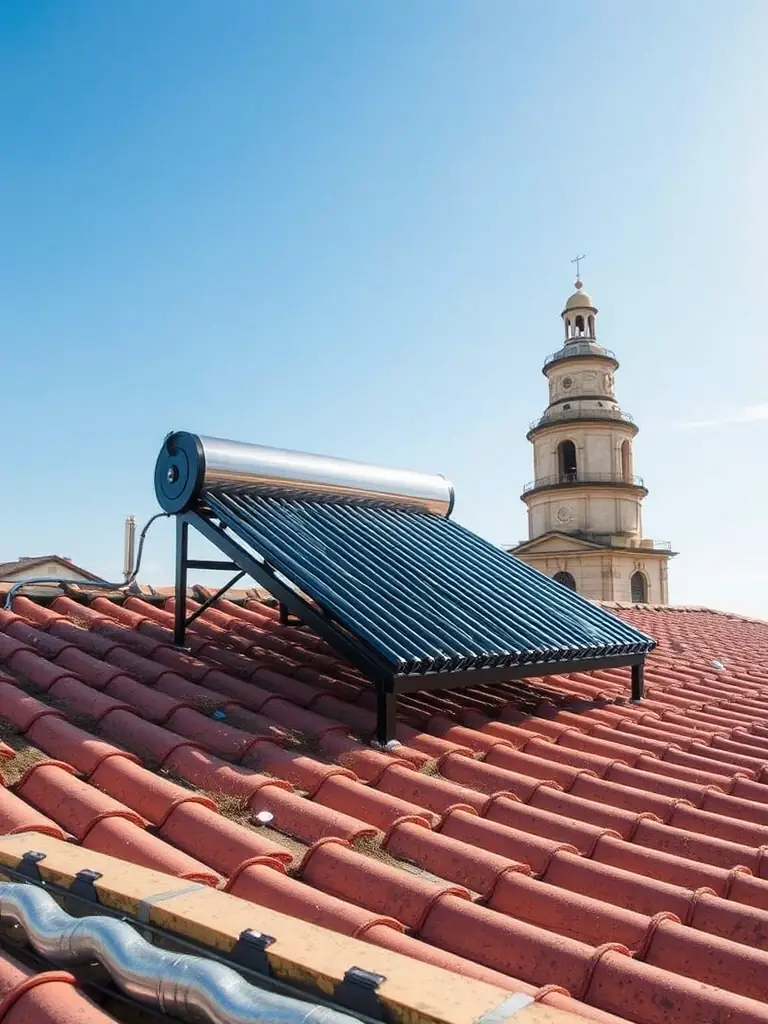 A modern solar water heater installation on the roof of the Pringamosa Hotel Boutique, showcasing the hotel's commitment to sustainable practices.