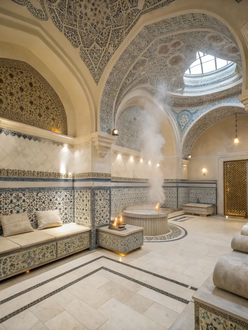 The interior of the Turkish bath, showcasing the traditional design with stone benches and soft lighting, creating a tranquil atmosphere.